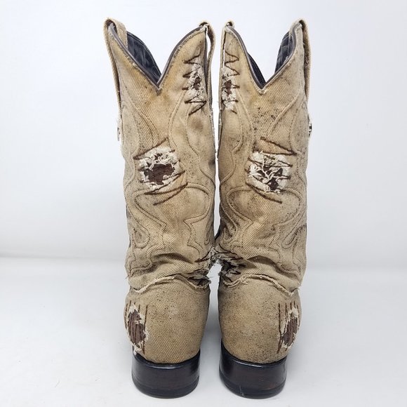 Wild West Boots tan canvas distressed/patched‎ pointed/upturned toes 7EE main image 13